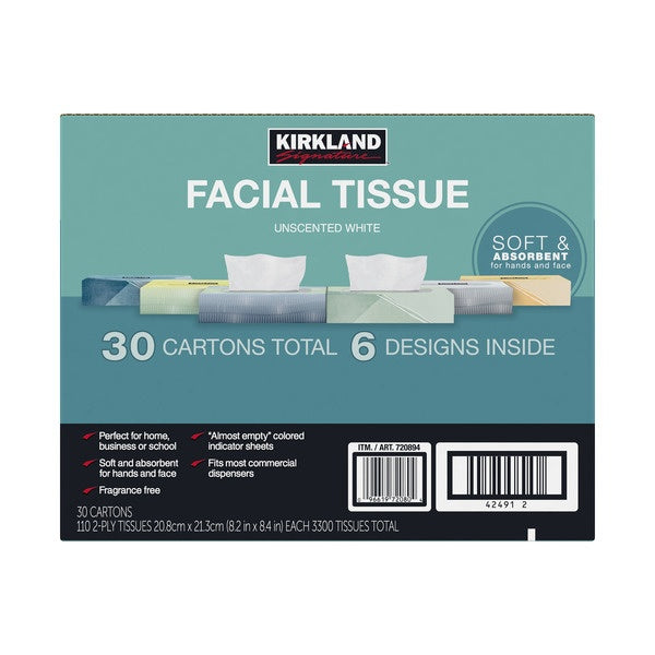 Kirkland Signature Facial Tissue, 2-Ply, Flat Box, 110 Tissues, 30 ct