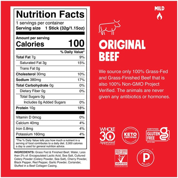 Chomps Original Beef Sticks, Mild, 1.15 oz, 12 ct