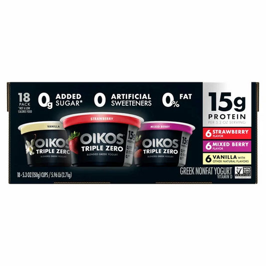Oikos Triple Zero Greek Nonfat Yogurt, Variety Pack, 5.3 oz, 18-count