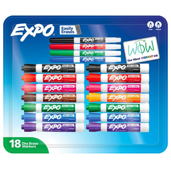 EXPO Low Odor Dry Erase Marker, Chisel and Fine Tip, Assorted Colors, 18 ct